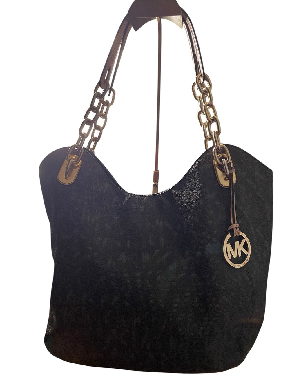 Michael Kors Fulton Large Chain Shoulder Tote Monogram Signature Brown Black